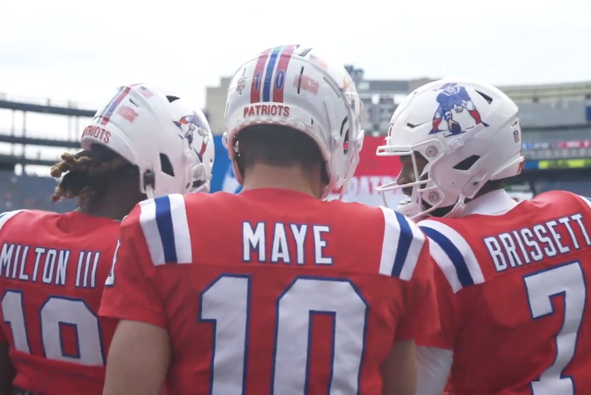 New England Patriots quarterbacks Drake Maye, Jacoby Brissett, and Joe Milton III